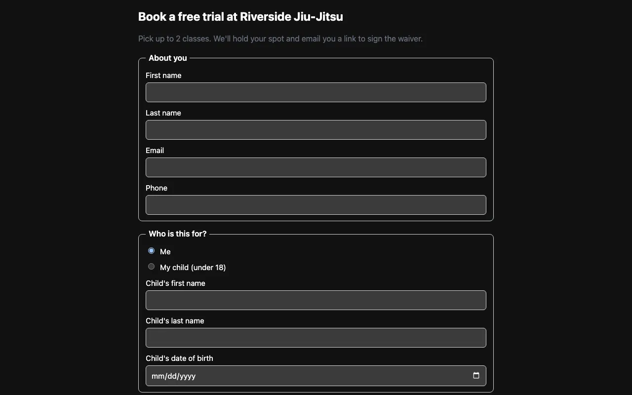 The public trial booking form for Riverside Jiu-Jitsu