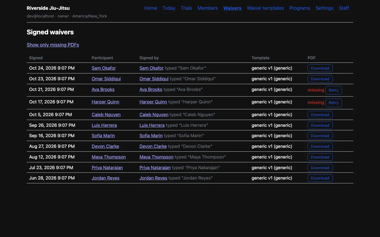 The waivers list in the staff console, each with a PDF