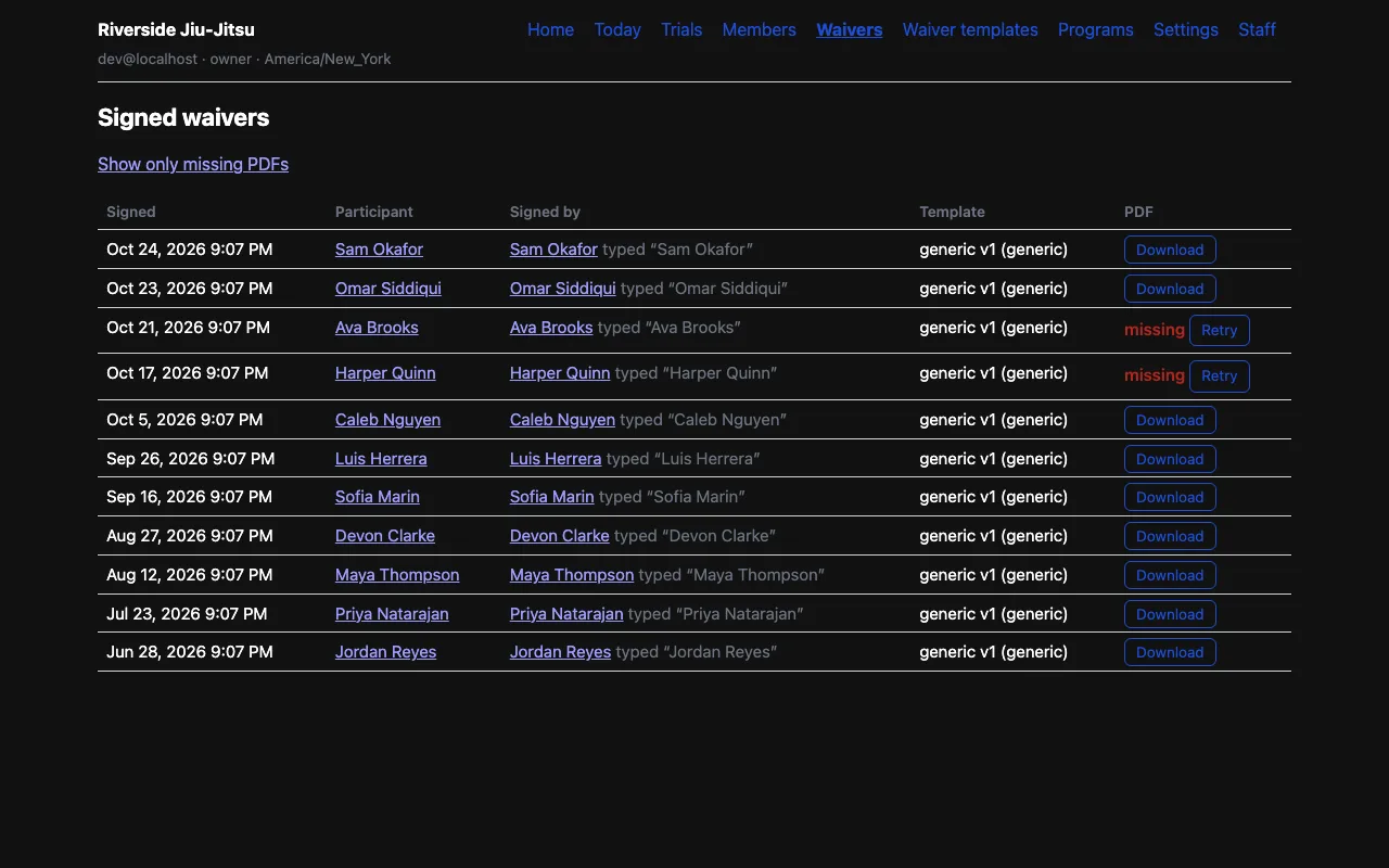The waivers list in the staff console, each with a PDF